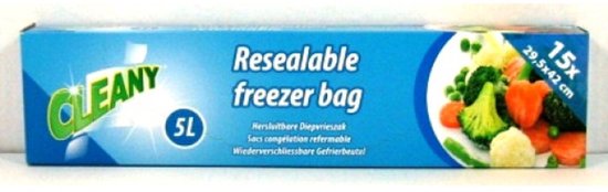 Doos Cleany diepvrieszakken, 15 stuks, 5L. Met afbeelding van groenten.