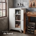 Grijze kast met deuren open, met verfblikken, gereedschap en dozen erin.