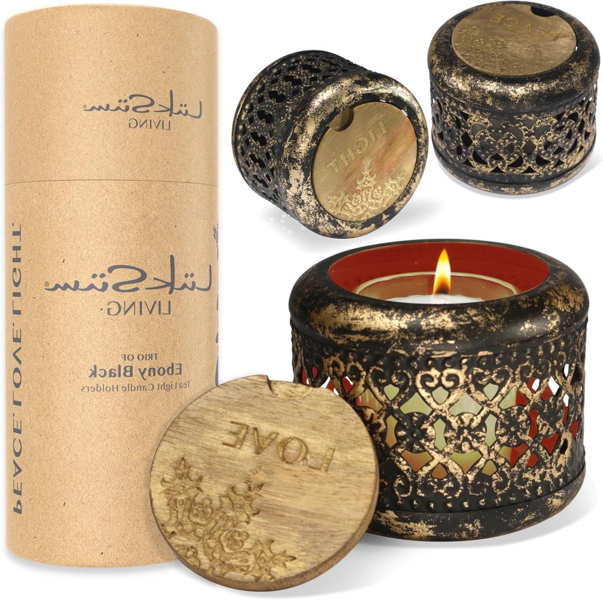 Kandelaars Set - Theelichthouders Boho - Woonkamer Decoratie - Handgemaakte Houten Deksel - Set van 3 - Goud Zwart