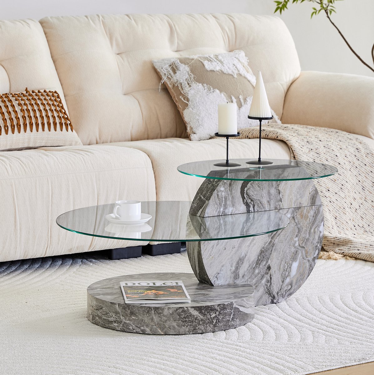 MIVRAY Salontafel - Modern Minimalistisch Ontwerp Met Glas En Marmereffect - Voor Woonkamer En Lounge - Grijs - 90 X 70 X 44 Cm