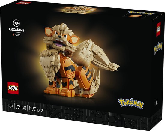 LEGO Arcanine met oranje en beige blokken, met de tekst LEGO en Pokémon.