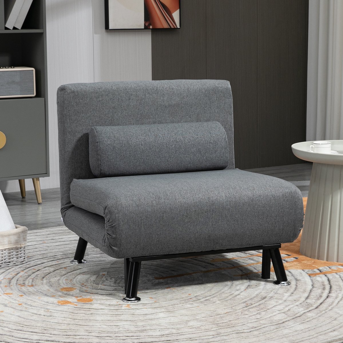 MEUNIQ fauteuil met bedfunctie 75 x 70 x 75 cm, verstelbare rugleuning en uitklapbaar eenpersoonsbed 180 x 75 cm, stof en metalen frame, donkergrijs