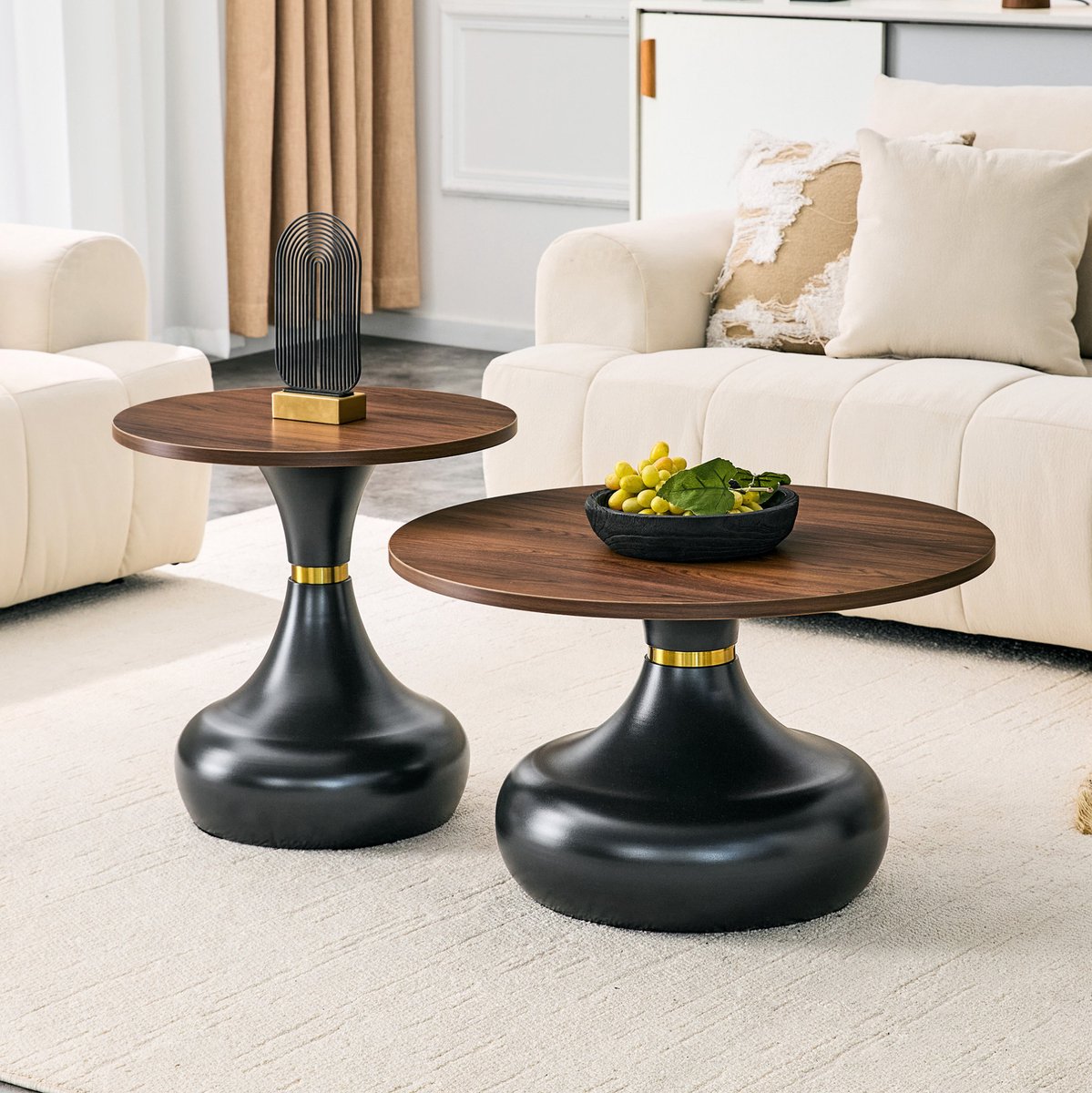 HAUSS SPOLE Salontafel Set Van 2 - Ronde Nesttafels Met Ruimtebesparend Design - Voor Woonkamer Slaapkamer En Kantoor - Metaal - Walnoot Zwart