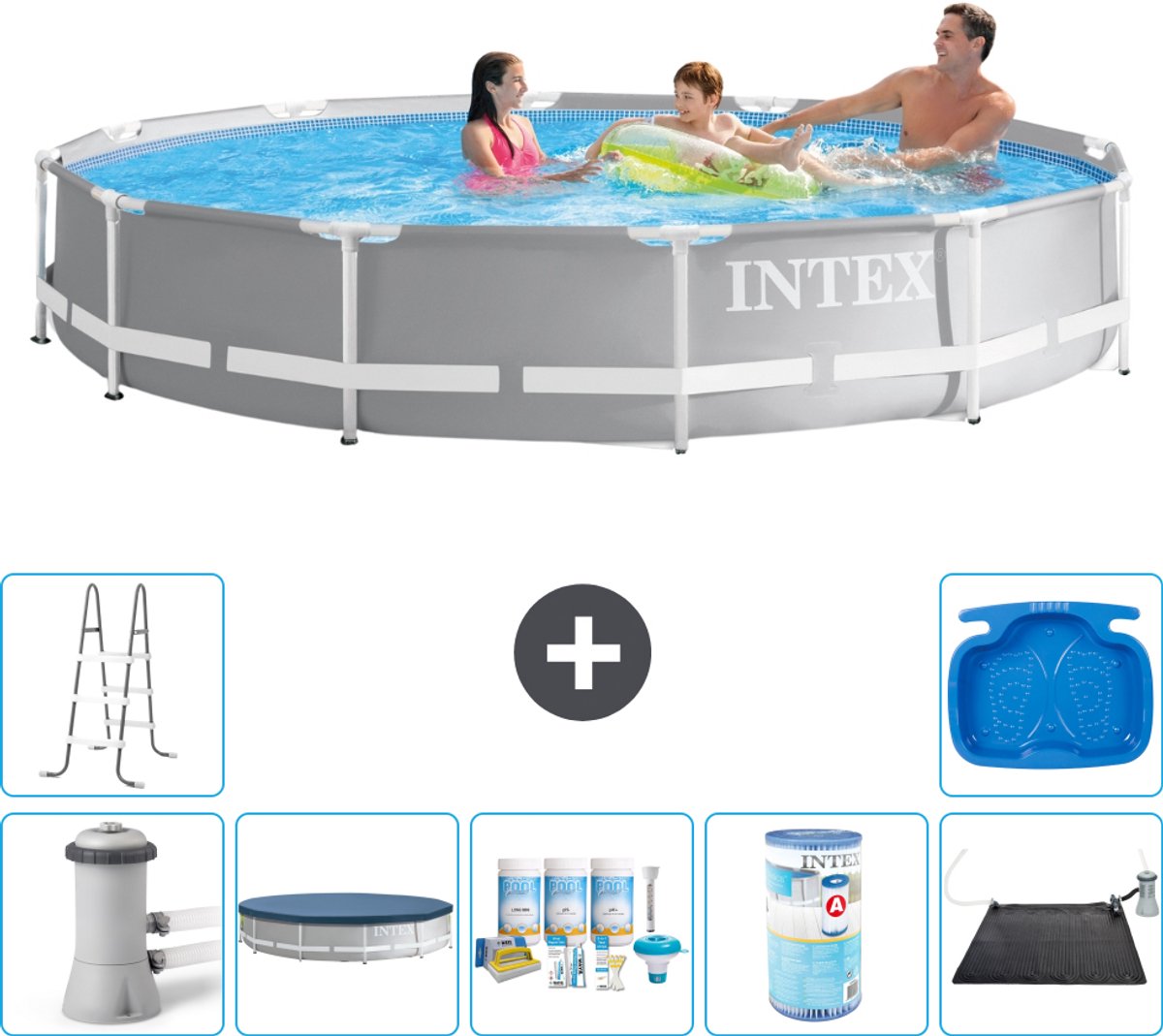 Intex Rond Prism Frame Zwembad - 366 x 76 cm - Grijs - Inclusief Pomp - Afdekzeil - Onderhoudspakket - Filter - Solar Mat - Ladder - Voetenbad - 8-delig