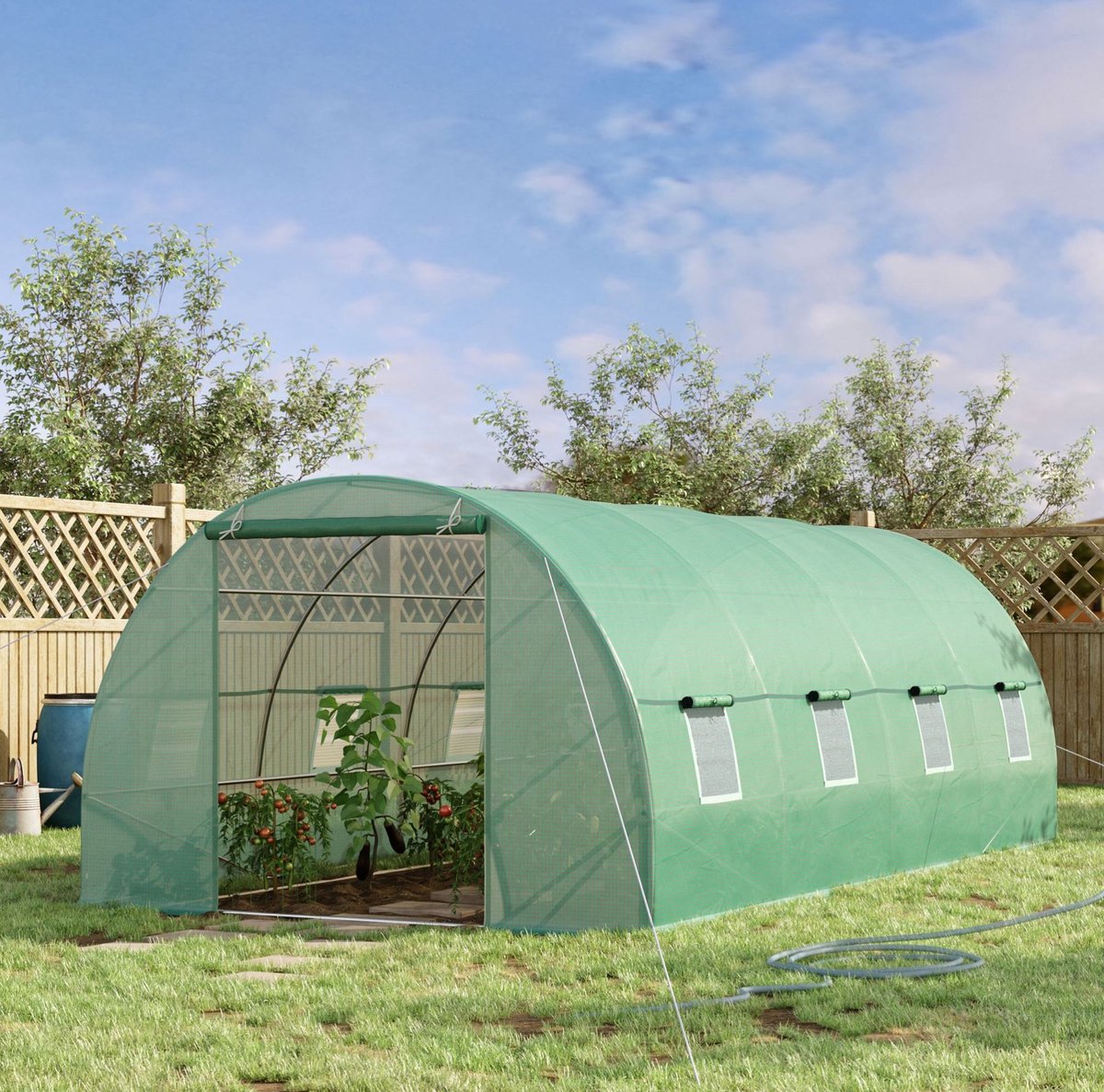 MEUNIQ tunnelkas 595 x 300 x 200 cm met PE-folie, stalen frame, raampjes en oprolbare deuropening, tomatenkas voor tuin en kweek van groenten en bloemen, groen