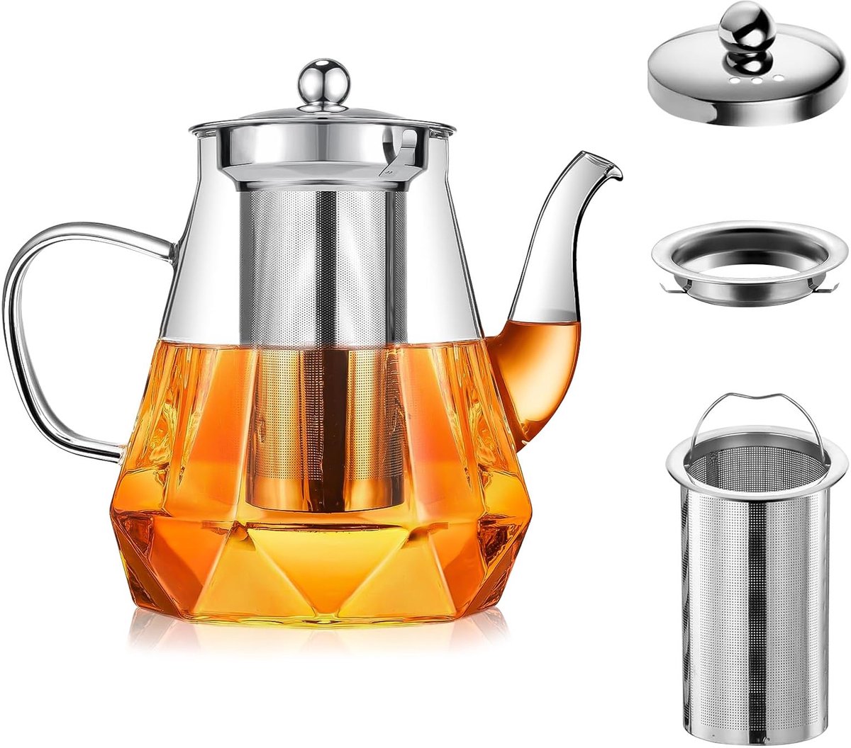 Theepot met zeefinzet 1000 ml, hittebestendige glazen theepot met roestvrijstalen theezeef, druppelvrij en vaatwasmachinebestendig, glazen theepot voor losse thee, theebloemen en kruidenthee