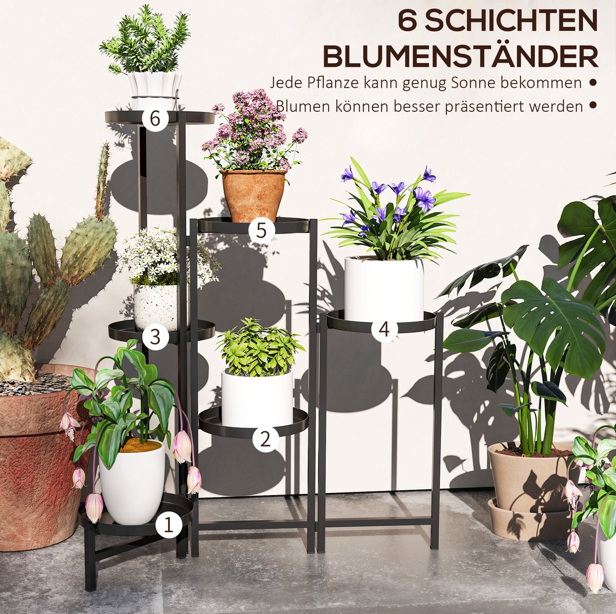 MEUNIQ 6-laags plantenrek 60 x 40 x 80 cm, inklapbare metalen plantenstandaard met trays, verstelbaar bloemenrek voor binnen en buiten, zwart
