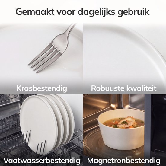 Collage met 4 afbeeldingen van het witte servies: krasbestendig, robuuste kwaliteit, vaatwasserbestendig en magnetronbestendig.