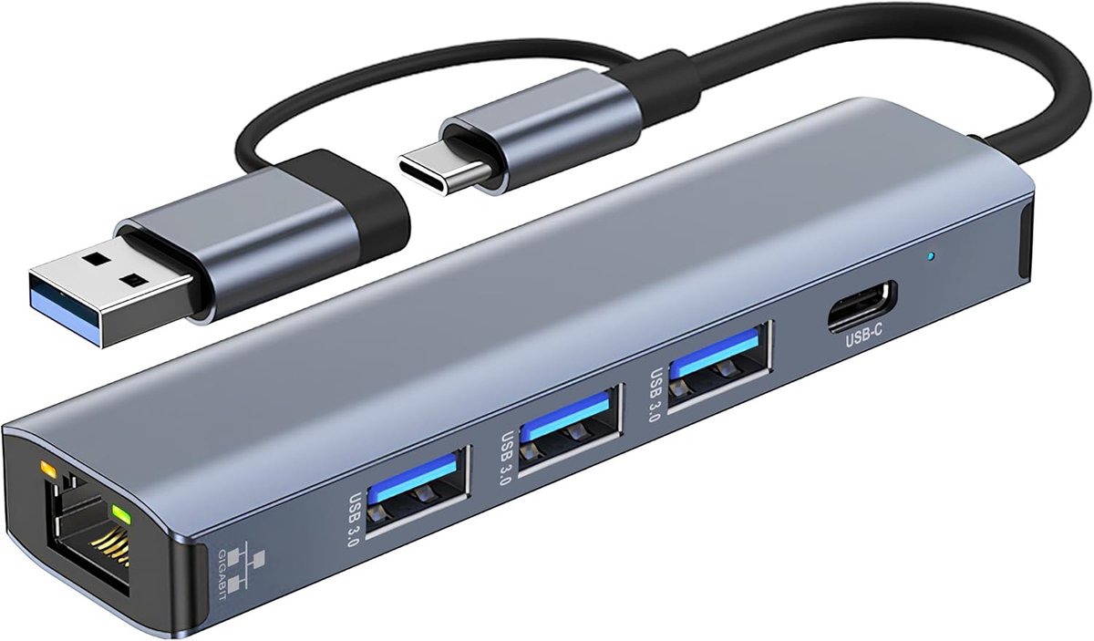 Thijox - USB LAN-adapter 1000M, USB-C Ethernet-adapter RJ45 Gigabit netwerkadapter, 5-in-2 USB-C LAN-hub met 3 x USB 3.0 poorten voor MacBook, XPS, Su