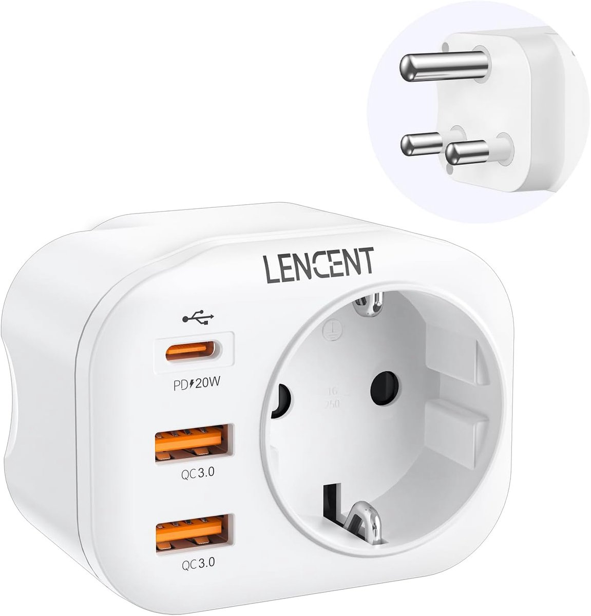 Thijox - LENCENT NL/EU naar SA Reisadapter Type M met 2 USB QC3.0 + 1 Type-C PD Aansluiting - Reisstekker voor Zuid-Afrika, Namibië, Botswana - Compac