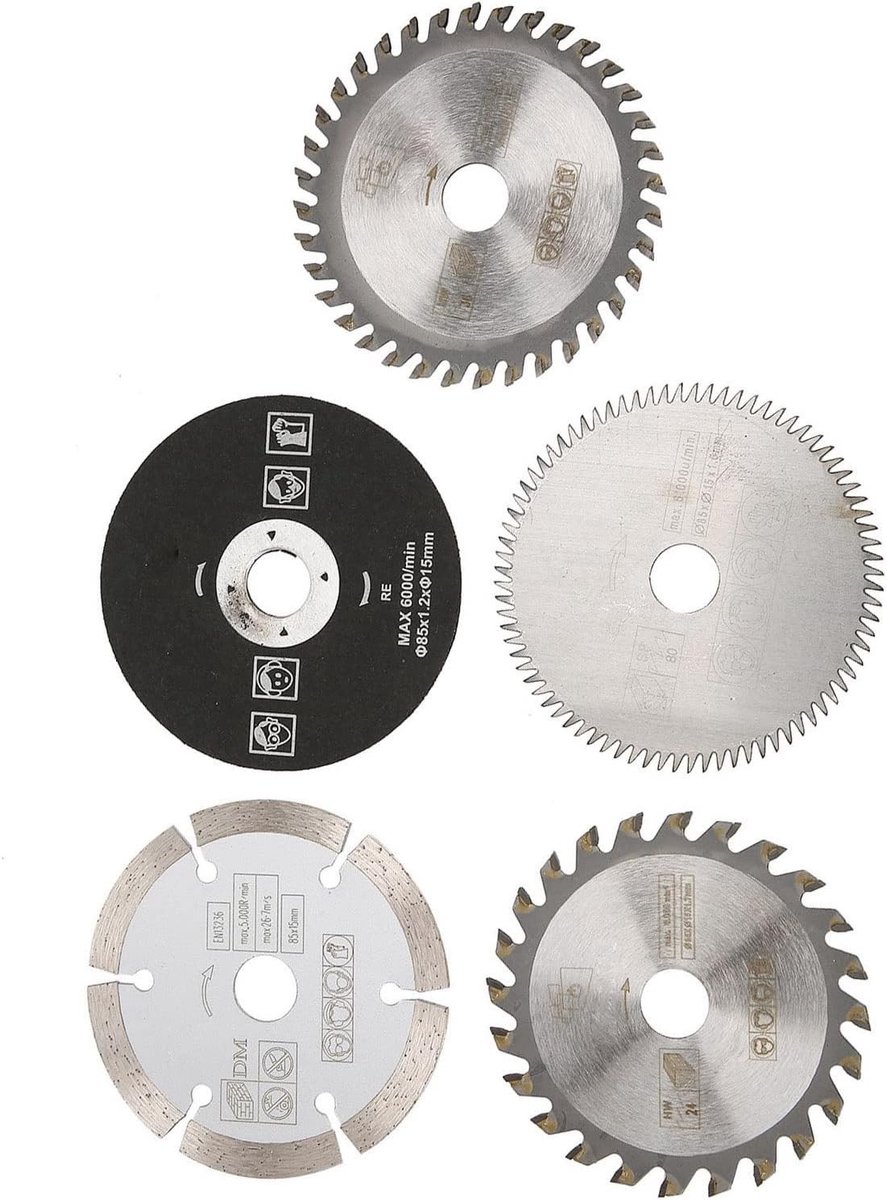 Circulaire zaagbladen 85 x 15 x 1.5 mm, Set van 5 Mini Carbide Bladen voor Hout, Metaal en Aluminium Snijden