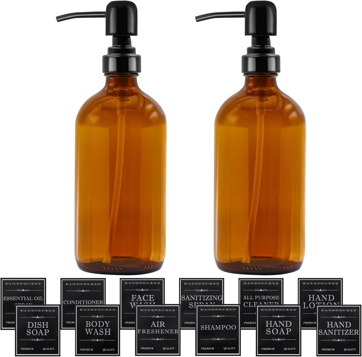 Set van 2 Glazen Zeepdispensers 500 ml met RVS Pomp en Labels voor Keuken en Badkamer, Perfect voor Zeep en Lotion