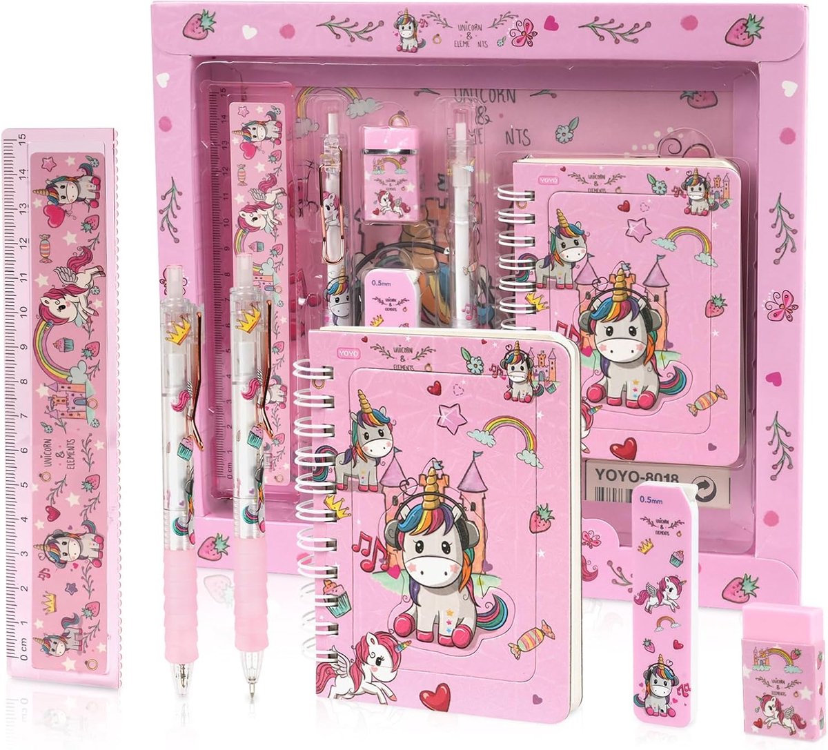 SnelShoppen - Kids Schrijfgerei Set - Schattige Eenhoorn Cadeau met Potlood, Liniaal, Gum, Slijper en Notitieboek, Perfect voor Jongens en Meisjes, Me