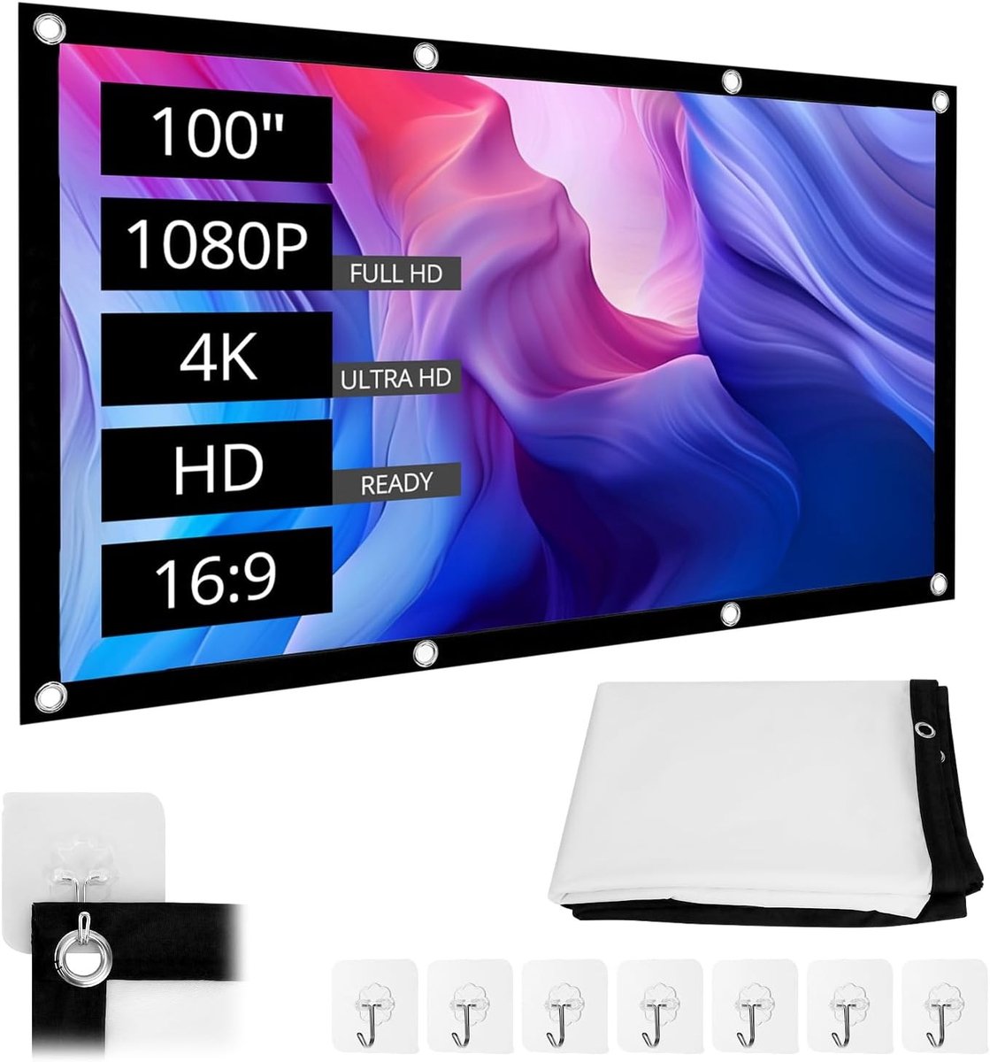 100 Inch Projectiescherm, 16:9 HD Vouwbaar Scherm, 221x125CM Antigeur Projectiescherm met Toebehoren voor Binnen en Buiten Gebruik, Ideaal voor Films en Presentaties