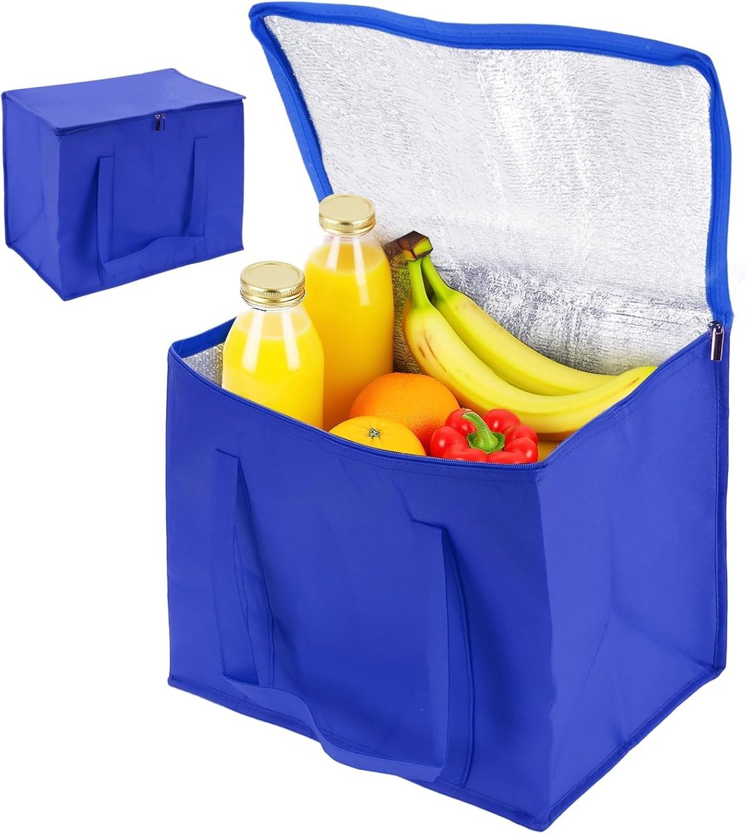 2-pack geïsoleerde koeltassen van 30L, blauwe boodschappentassen met ritssluiting voor voedselbezorging, picknick en kamperen