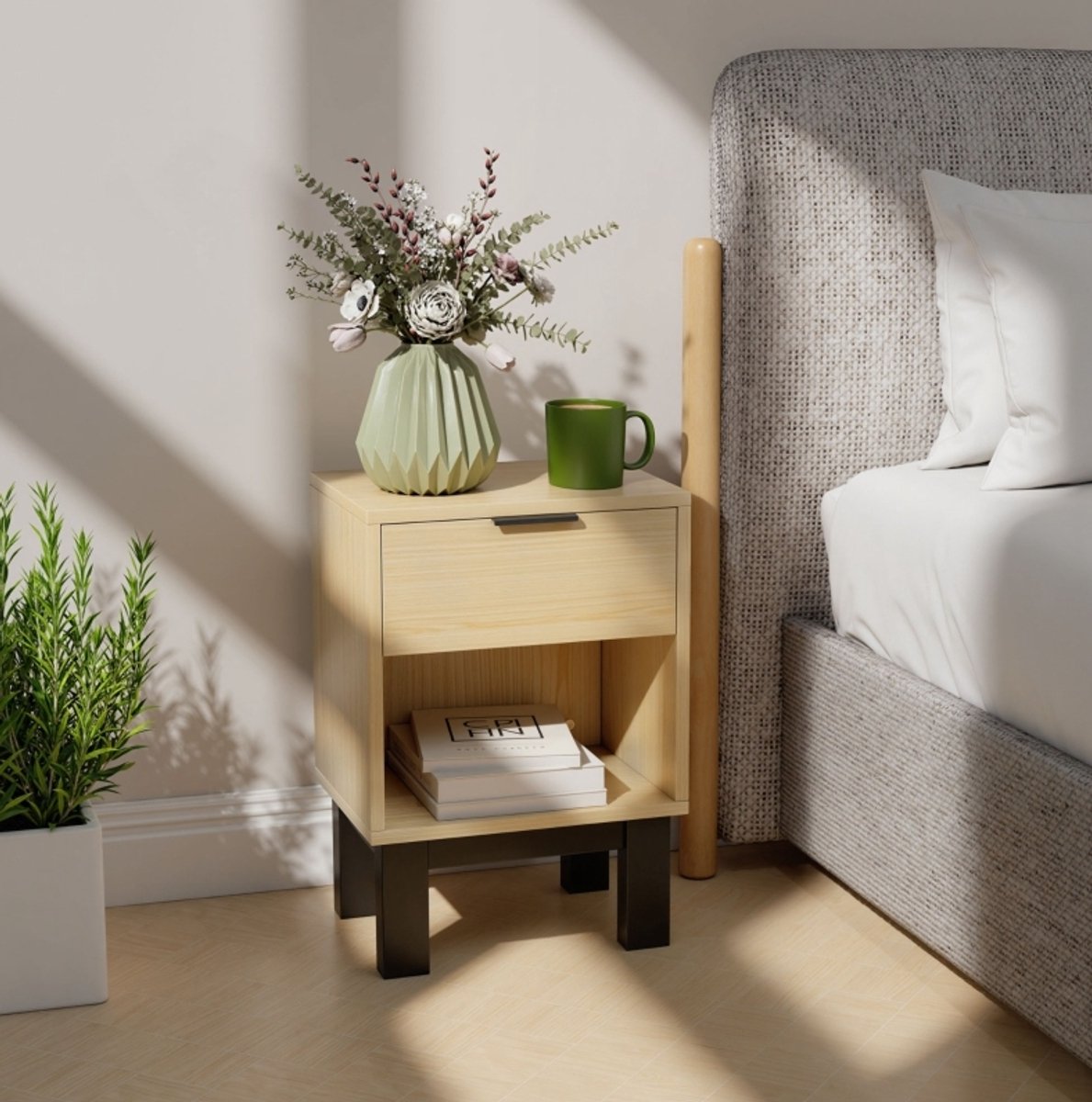 HAUSS SPOLE Nachtkastje - Met Lade En Open Vak - Ruimtebesparend Voor Slaapkamer, Woonkamer En Hal - Spaanplaat - 35x26x50 Cm - Eikenkleur