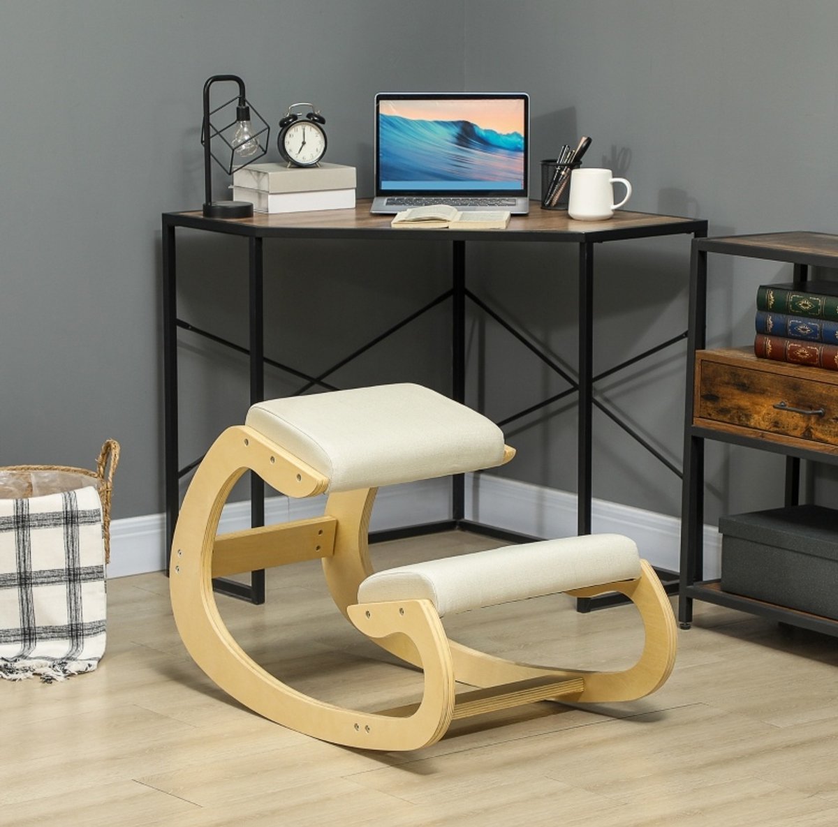 MEUNIQ ergonomische kniekruk schommelend 55 x 85 x 55 cm zonder armleuningen van berkenhout voor homeoffice, schrijfplek of meditatie Crème