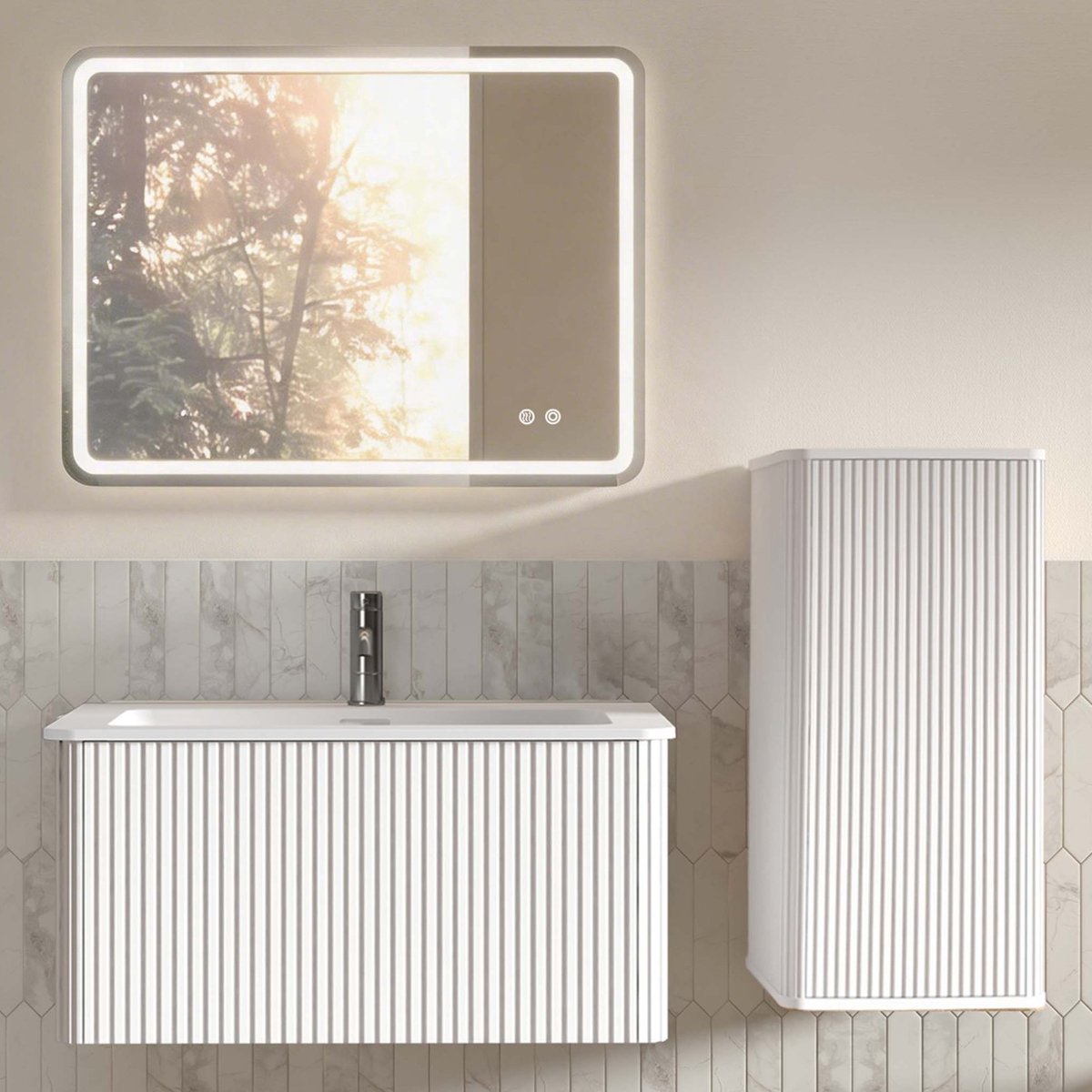 MIVRAY Badkamermeubelset - Wandhangende Onderkast Met Wastafel En Ledspiegel - Met Zijkast Voor Kleine Badkamer - Wit - 60 Cm Hoofdkast