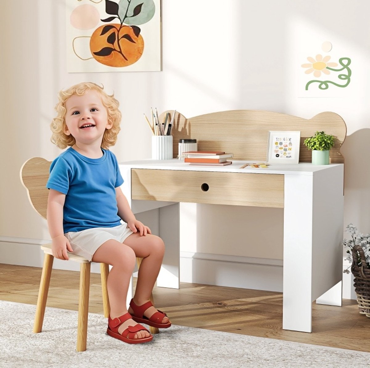 MEUNIQ Kinderbureau met stoel 80 x 41 x 74,5 cm, kinderschrijftafel set met opberglade, berenvormige rugleuning, houten tafel en kinderstoel voor slaapkamer of speelkamer, naturel