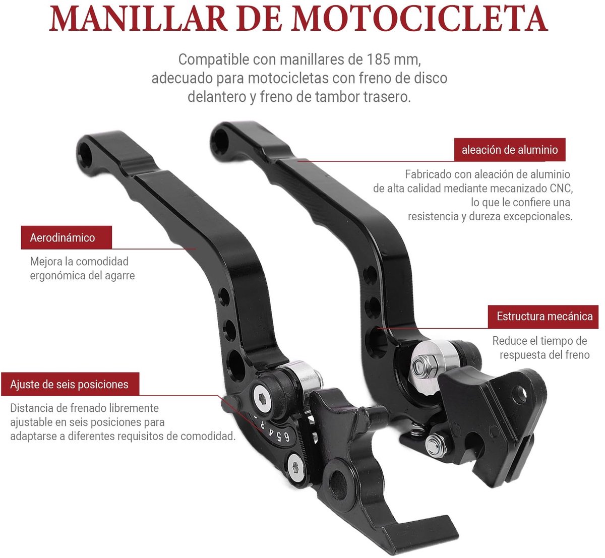 Dailygoods- Remhendel Verstelbaar - 2 Stuks - Aluminium - Geschikt voor 185 mm Sturen - Verbeterde Remprestaties - Geschikt voor Motorfietsen - Motorremhendel