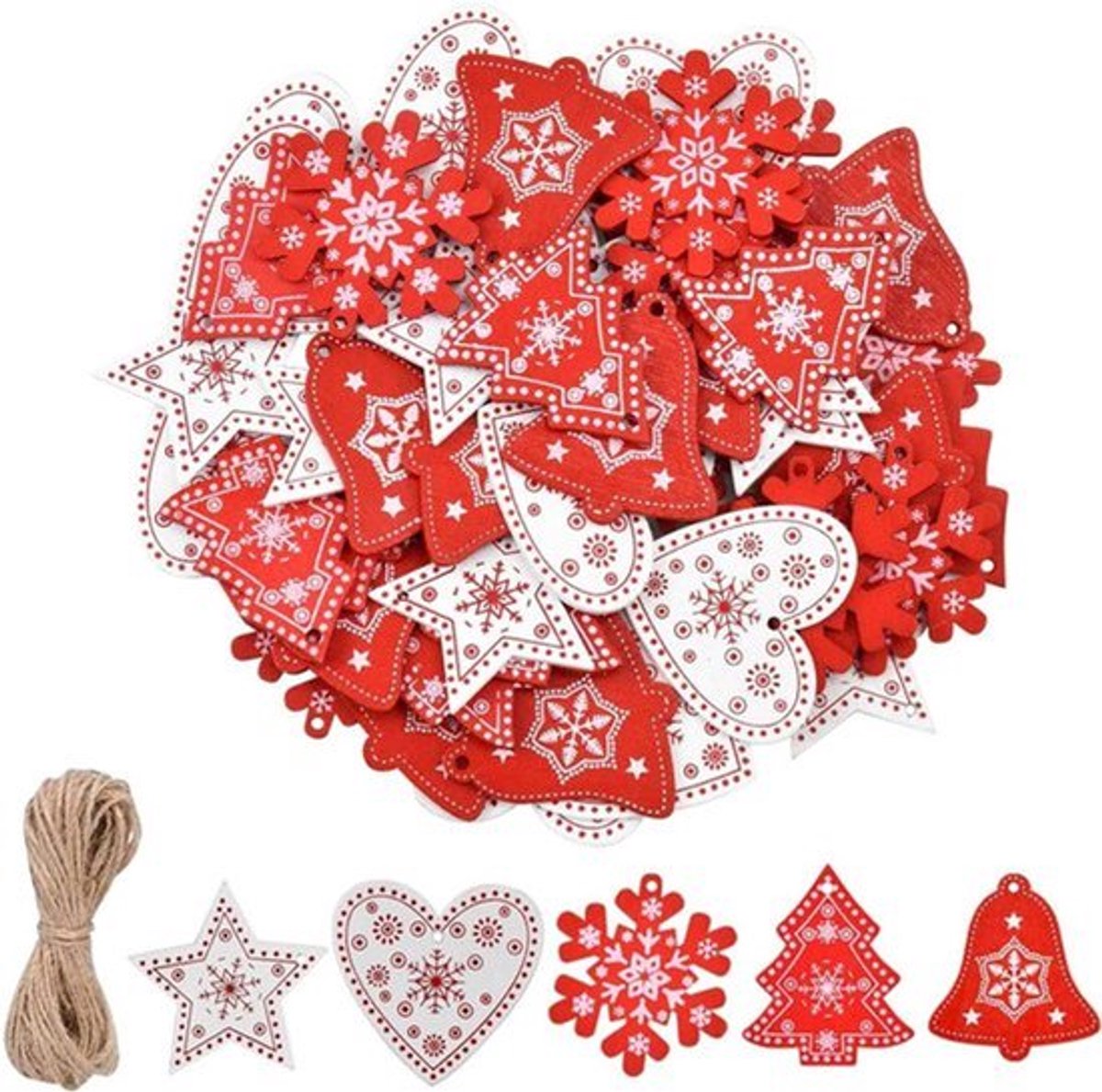Houten kersthangers - Set van 50 stuks voor Kerstboom en feestdecoraties met henneptouw - Houten kersthangers om op te hangen - Geschikt voor huis en bruiloftviering