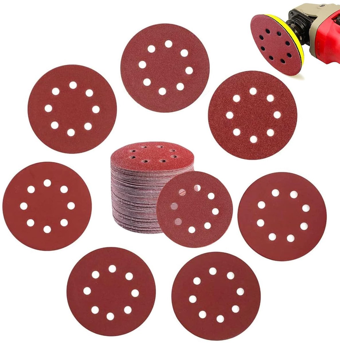 Ronde schuurdiscs voor excentrische schuurmachines, 100 stuks, 125 mm, 8 gaten, P60 tot P400, geschikt voor hout, metaal en verf