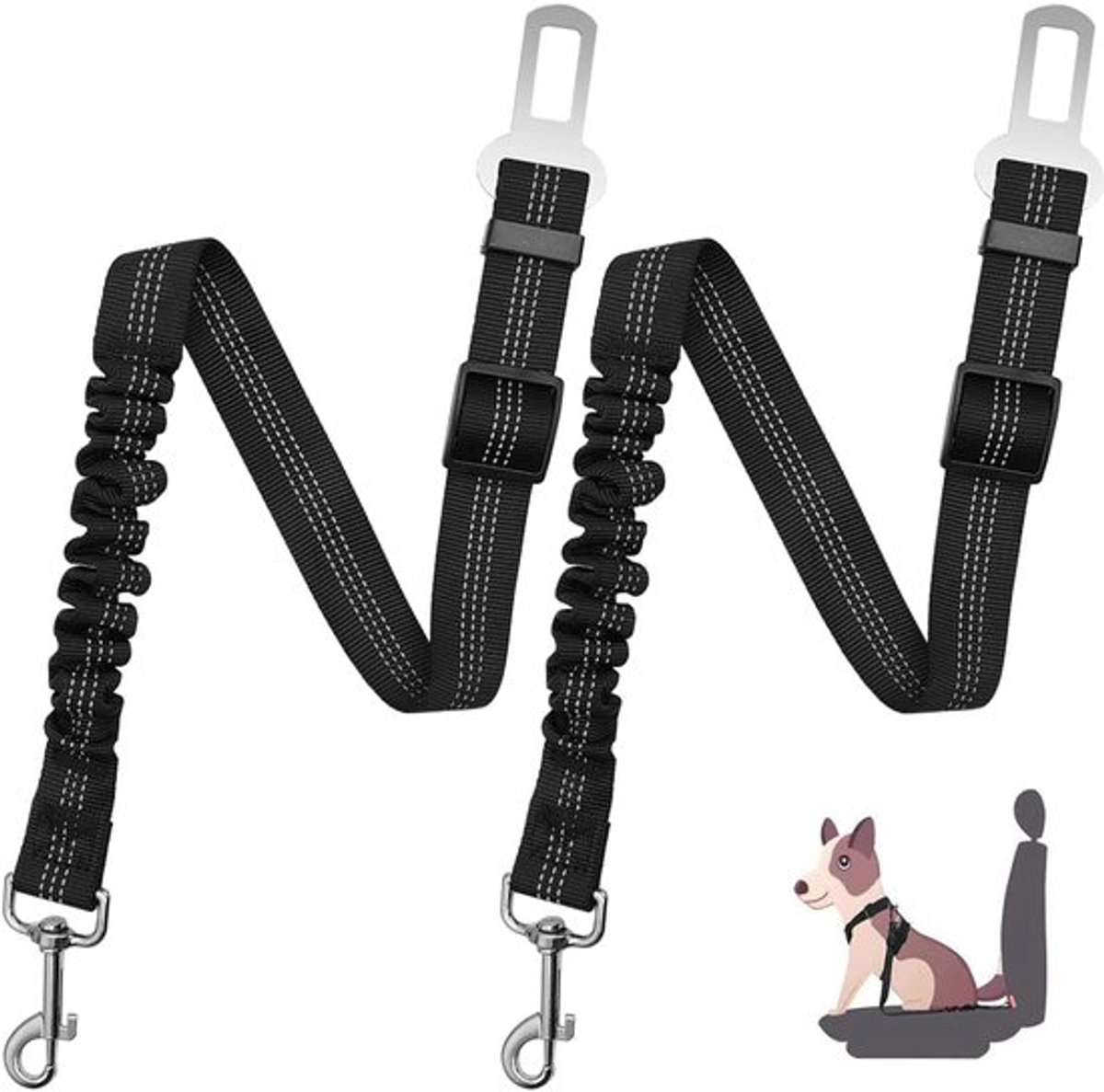 2 Stuks Hondenriem, Uittrekbare Hondenautogordel Veiligheidsharnas voor Honden voor Autoreizen met RVS Haak en Elastische Bungee Buffer (Zwart)
