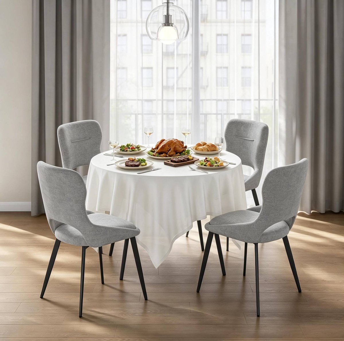 OKWISH Eetkamerstoel - Set Van 4 Kuipstoelen Met Armleuningen - Gestoffeerd Chenille Comfort Voor Eetkamer Of Woonkamer - Metaal - Grijs