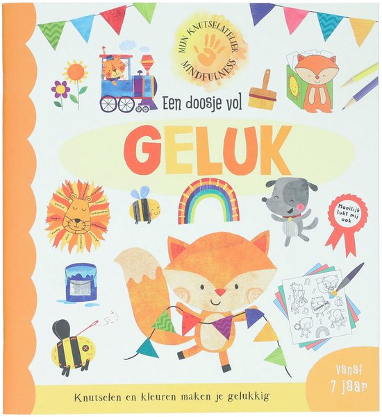 Doos met vrolijke illustraties van een vos, bijen, leeuw, trein en een regenboog. Met de tekst 'Een doosje vol GELUK'.