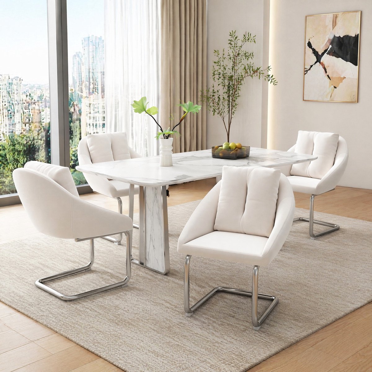 FloraGrace Eetkamerstoel – Draaibaar Comfortdesign – Set Van 4 – Velvet – Modern – Beige – Met Armleuningen En Kussens