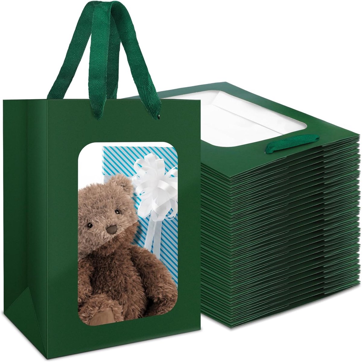 50 Stuks Donkergroene Papieren Cadeauzakken met Handvatten - 230GSM, 20x16x30cm - Perfect voor Feesten, Verjaardagen en Cadeaus met Venster