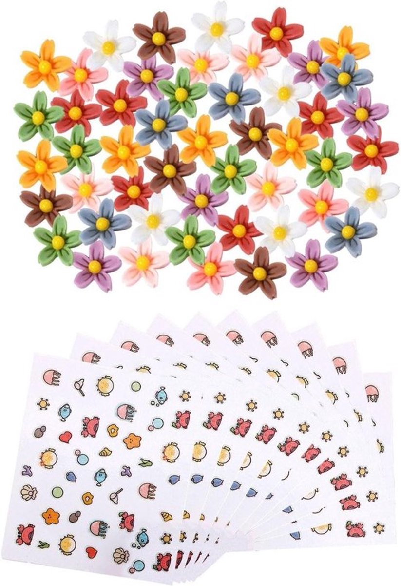 Set van 50 bloemennagelaccessoires inclusief 10 schattige cartoon nagelstickers voor creatieve nagelkunst en doe-het-zelf nageldecoratie