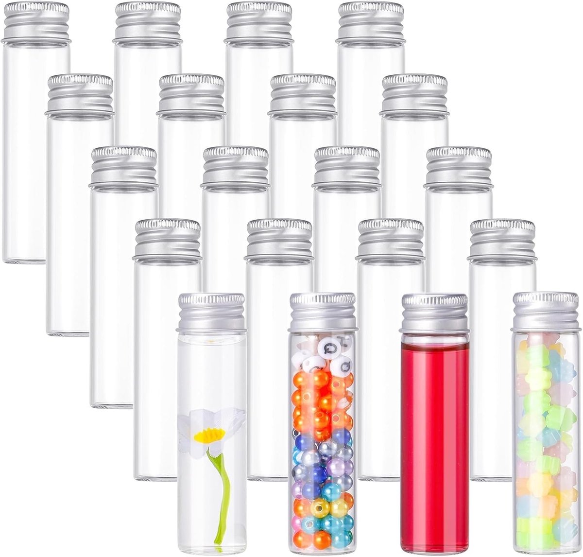 Set van 20 kleine transparante glazen testbuizen van 20 ml met schroefdop, ideaal voor bloemen, specerijen en laboratoriumgebruik