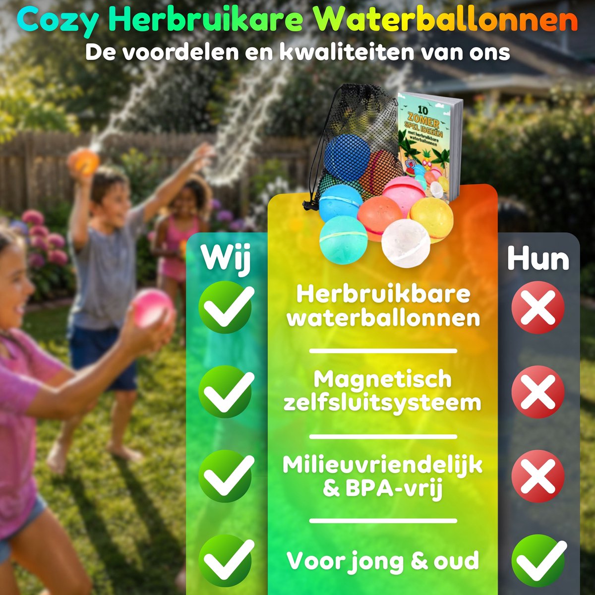 cozy.® Herbruikbare Waterballonnen Pro XL 2026 - Complete Familie Set - 20 Stuks + Opvouwbare Emmer - Zomers Waterspeelgoed - Extra Groot, Zelfsluitend & Duurzaam - Inclusief E-book met Spelideeën - Splashbal - Camping, Tuin & Vakantie Spelletjes — afbeelding 6
