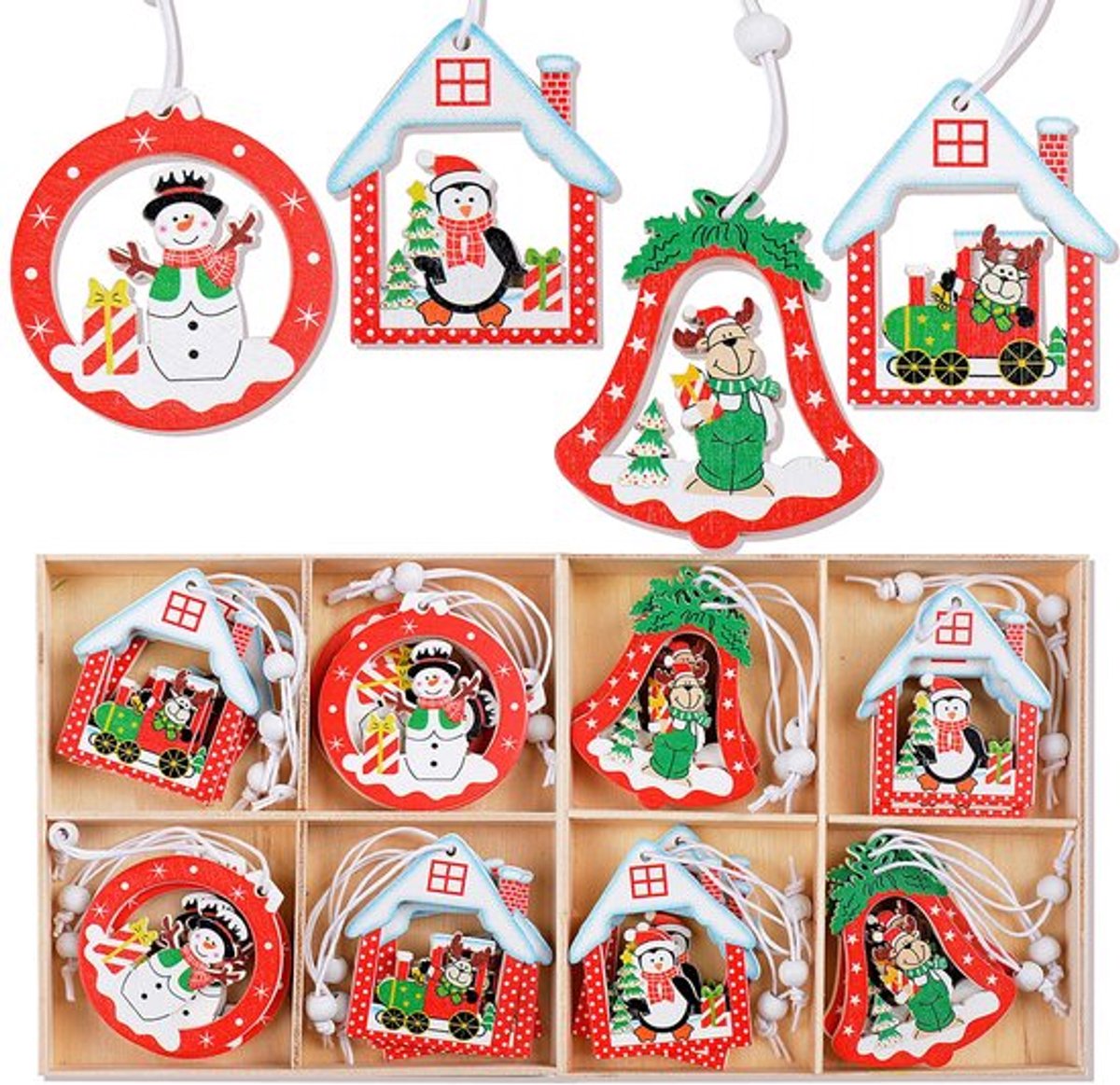 24 stuks kerstdecoratie, houten hangornamenten met kersthuis en balpatroon, kerstpendant, decoratie voor kerstboom, decoratie enz. (4 stijlen)
