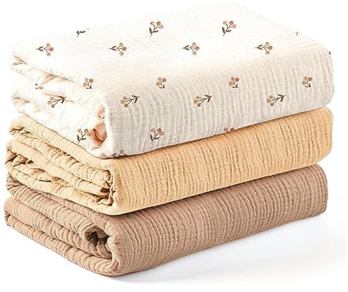 Babywikkeldekenset, 3-delig, gemaakt van een mix van katoen en bamboegaas, te gebruiken als wikkeldoek, luier, geruite slaapzak, deken, handdoek en slabbetje, Kleur 1,100*100cm