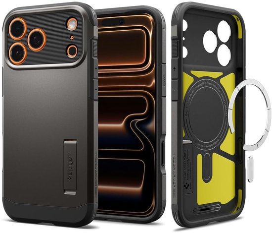 Donkergrijs telefoonhoesje met oranje accenten rond de camera, telefoon en de binnenkant van het hoesje met een ring.