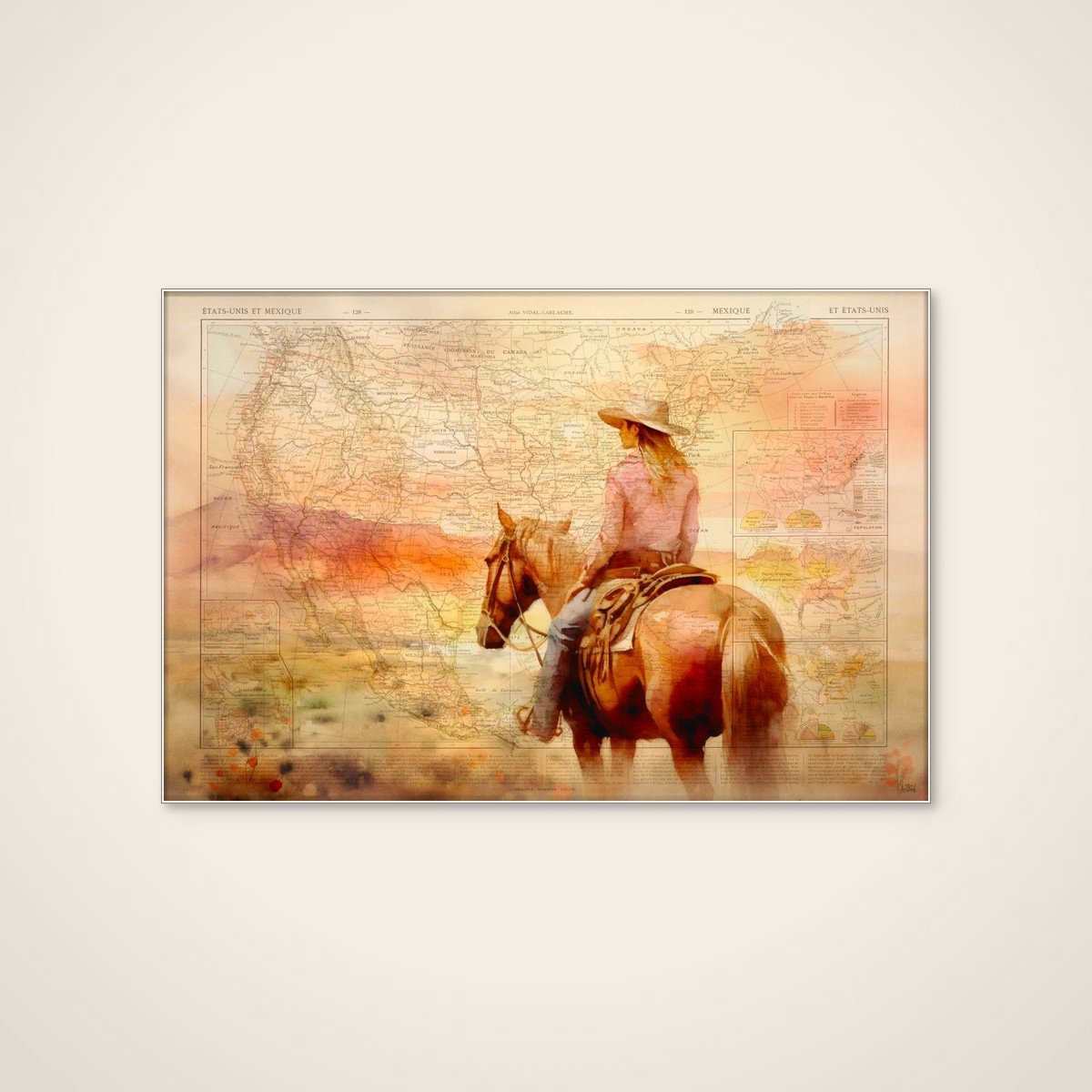 Akoestisch schilderij - 90 x 60 cm - Cowgirl on Vintage Map van thomas chedeville - Abstracte wanddecoratie - wit textielframe