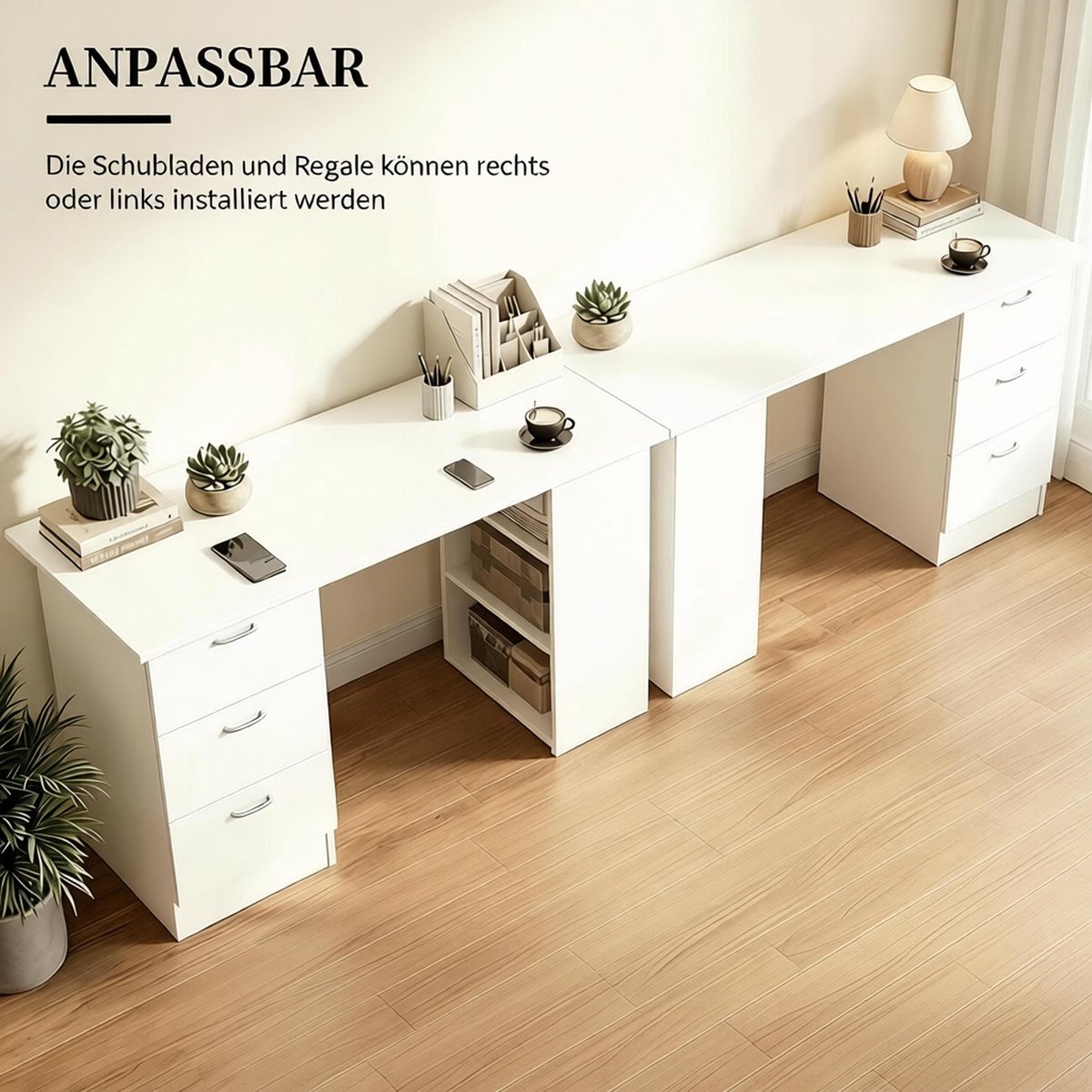 OKWISH Bureau - 120 x 49 x 72 cm - 3 Lades en 3 Open Vakken - Omkeerbare Opbergruimte - MDF Wit - Voor Werkkamer en Slaapkamer