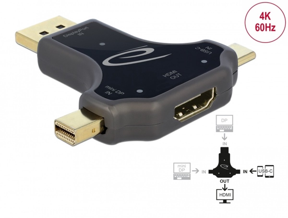 Delock 3 in 1 Monitor Adapter with USB-C™ / DisplayPort / mini DisplayPort in to HDMI out with 4K 60 Hz