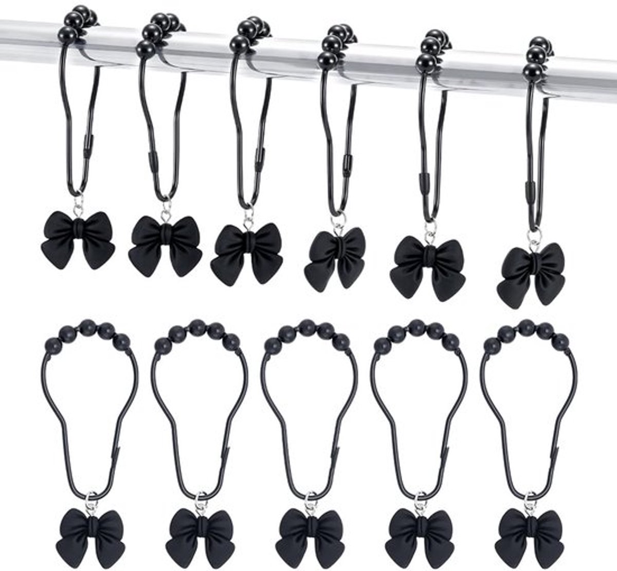 12 stuks strik douchegordijnhaken, zwarte ijzeren douchegordijnringen, decoratieve douchehangers, ringen voor badkamerdouchestangen en gordijnen