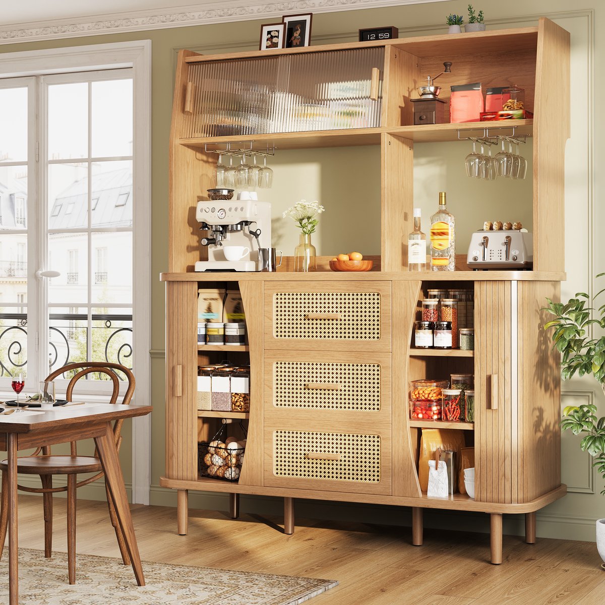MODFU - Buffetkast - Schuifdeur Van Glas - Rattanoptiek - Houtlook