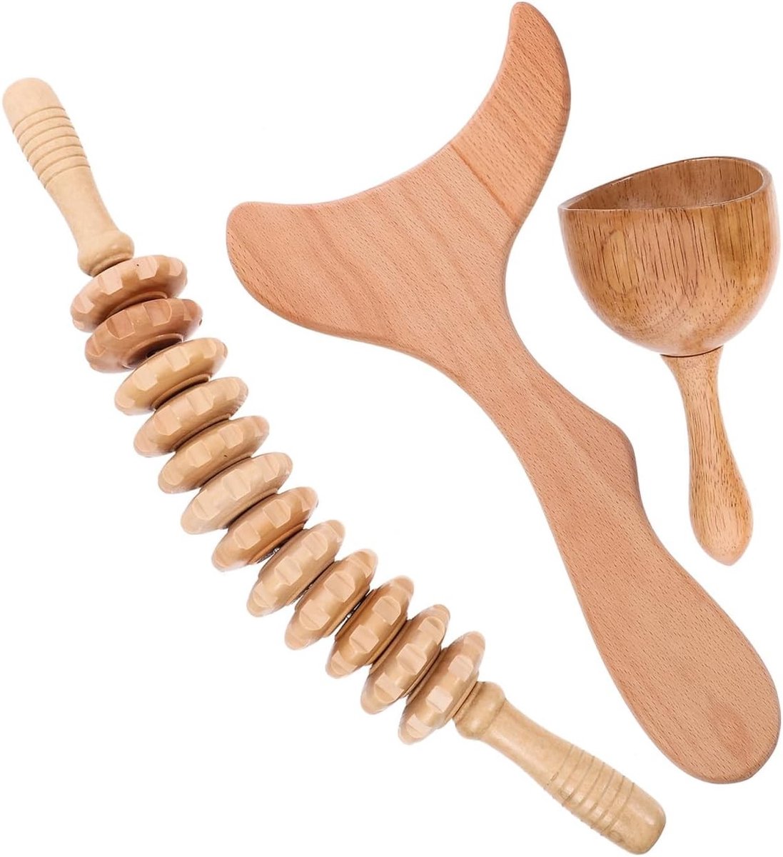 3-in-1 Houten Therapie Massager Kit voor Ontspanning met Gua-Sha Roller en Touwmassagers