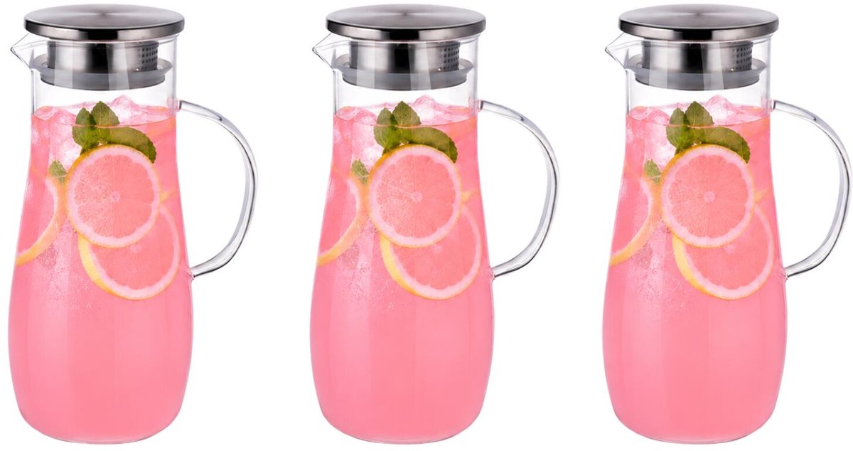 5Five Karaf - 3x - transparant - 1,4L - met handvat - glas - schenkkan/waterkan - incl filter