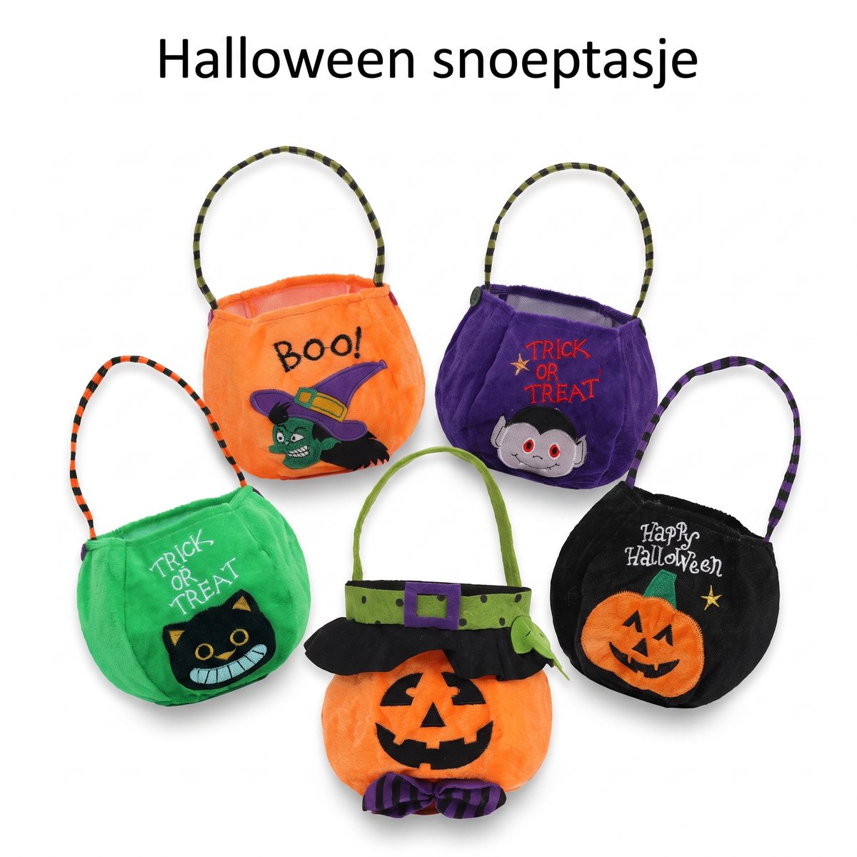 Ryoudavell - Halloween Tasjes Kind Set van 5 - 5 Verschillende Ronde Pluche Snoepzakjes met Stevig Handvat - Herbruikbare Pompoen, Heks, Vampier en Kat Cadeauverpakking