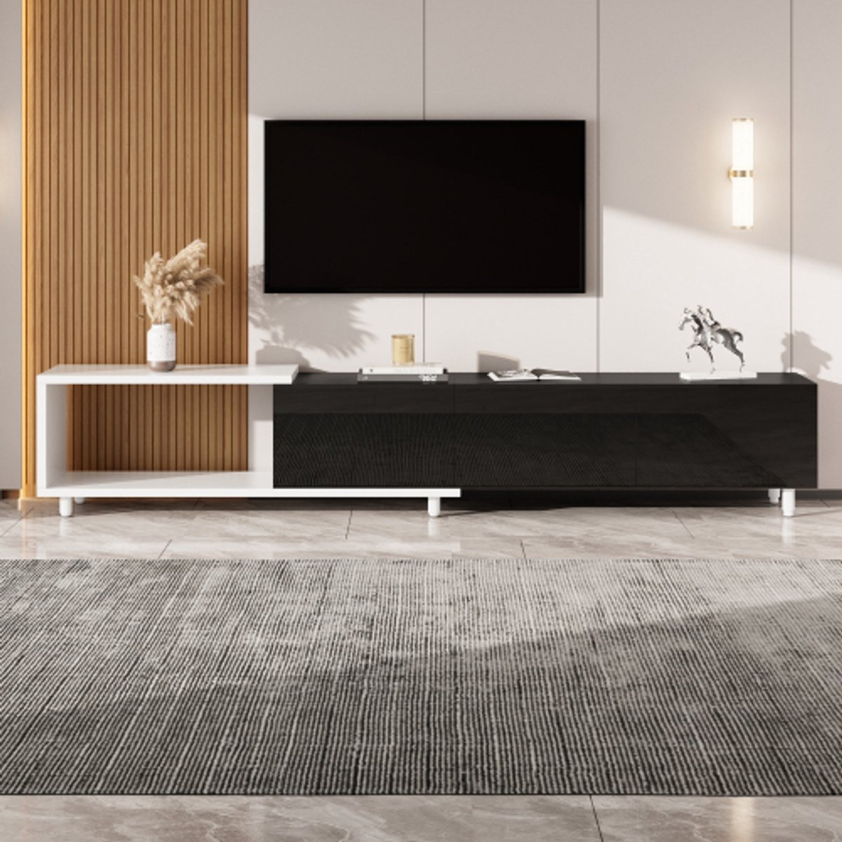 Uitschuifbaar TV-Meubel 180-258 cm – Modern Hoogglans Lowboard in Zwart en Wit met Metalen Poten