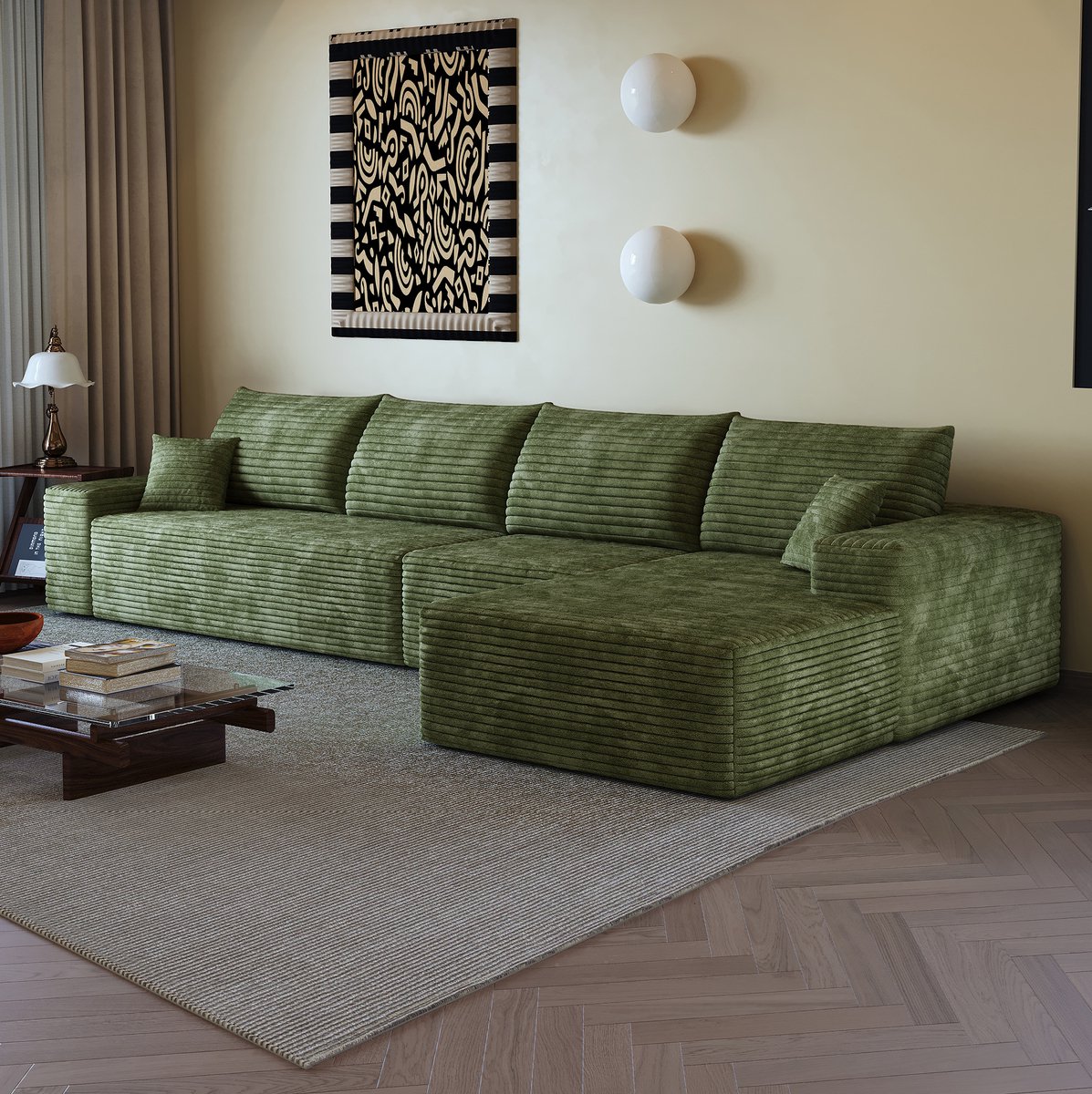 MIVRAY Hoekbank 340 Cm - Modulaire L-vorm Met Chaise Longue En Diepe Zitting - Voor Woonkamer En Slaapkamer - Corduroy Groen