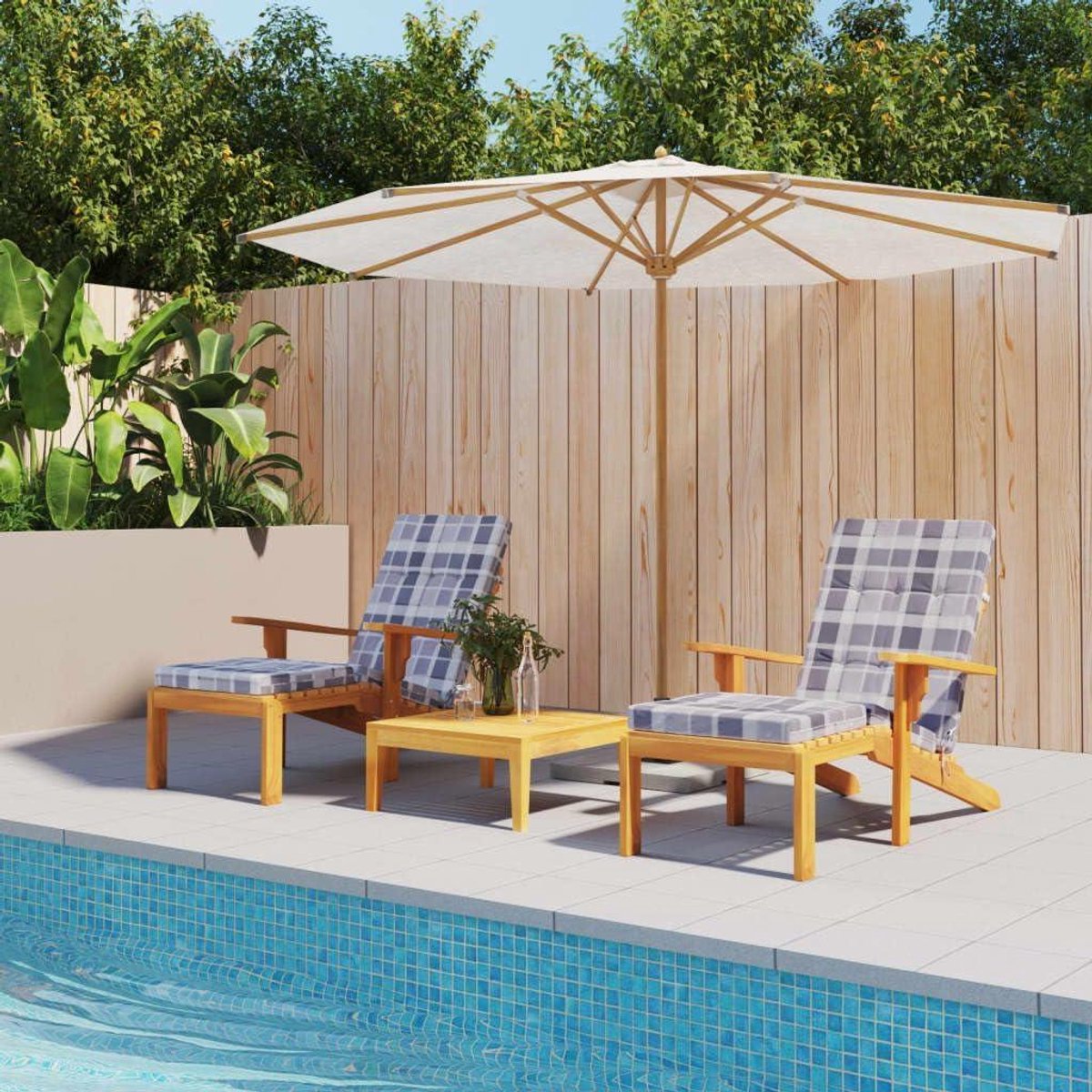 Ligstoelkussens - Tuinkussens Zitkussens - Buiten Zitten - Waterdicht Oxford Stof - 180 x 55 x 7 cm - Grijs Ruitpatroon