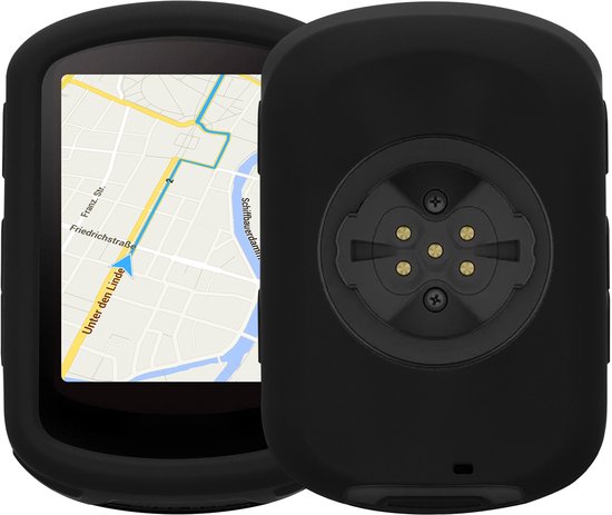 Zwarte siliconen hoes voor fietscomputer, met zicht op de achterkant met montagepunten.