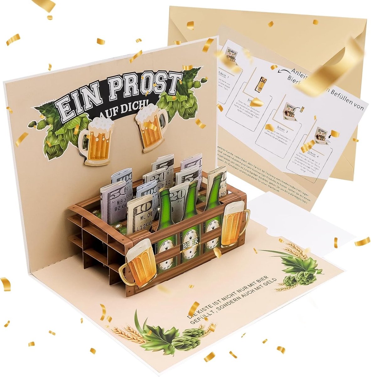 Originele pop-up bierdoos als geldcadeau, verjaardagskaart met envelop, zelf in te vullen voucherkaarten, unieke geldgeschenken voor mannen en vrouwen
